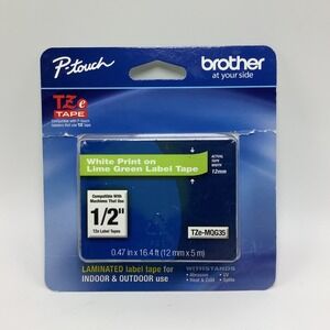 Brother P-touch TZe Tape‎ 1/2" (12mm) White Print on Lime Green Tape TZe-MQG35